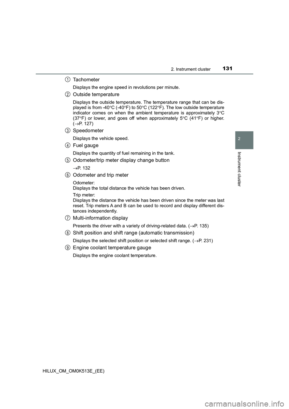 TOYOTA HILUX 2021  Owners Manual (in English) 1312. Instrument cluster
2
Instrument cluster
HILUX_OM_OM0K513E_(EE)
Tachometer
Displays the engine speed in revolutions per minute.
Outside temperature
Displays the outside temperature. The temperatu