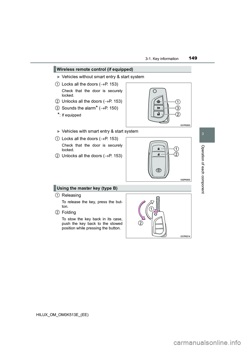 TOYOTA HILUX 2021  Owners Manual (in English) 1493-1. Key information
3
Operation of each component
HILUX_OM_OM0K513E_(EE)
Vehicles without smart entry & start system 
Locks all the doors ( P. 153)
Check that the door is securely 
locked.
U