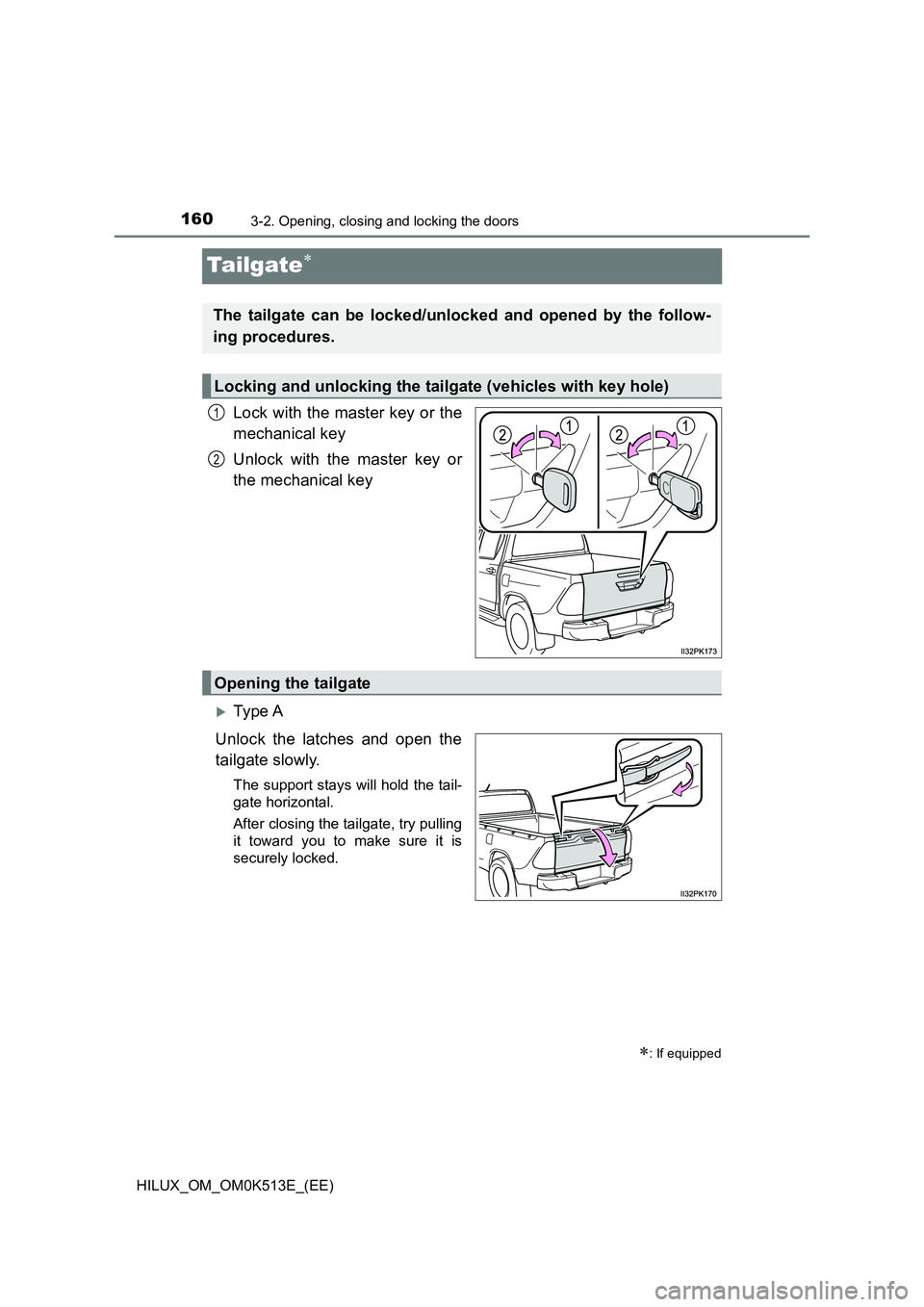 TOYOTA HILUX 2021  Owners Manual (in English) 1603-2. Opening, closing and locking the doors
HILUX_OM_OM0K513E_(EE)
Ta i lg at e
Lock with the master key or the 
mechanical key 
Unlock with the master key or 
the mechanical key
Ty pe  A 
Un