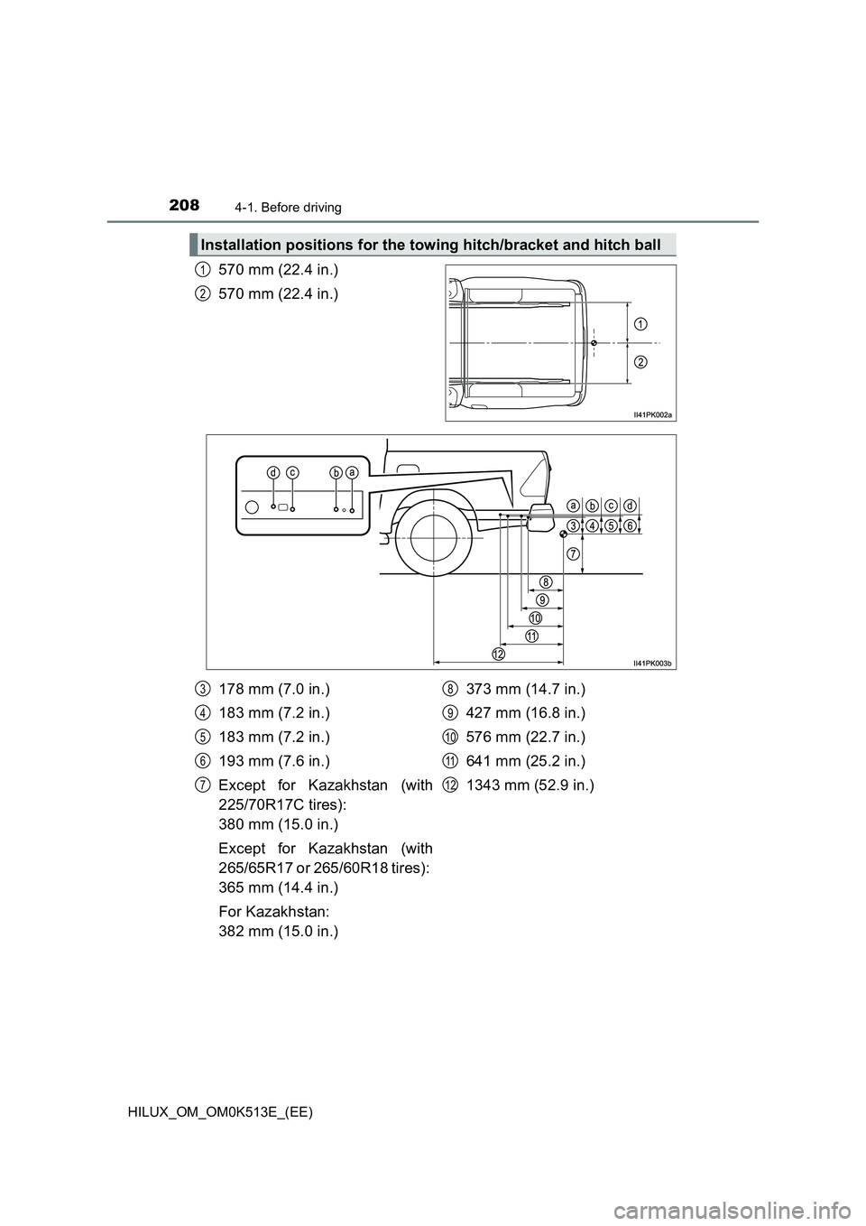 TOYOTA HILUX 2021  Owners Manual (in English) 2084-1. Before driving
HILUX_OM_OM0K513E_(EE)
570 mm (22.4 in.) 
570 mm (22.4 in.)
Installation positions for the towing hitch/bracket and hitch ball
1
2
178 mm (7.0 in.)
183 mm (7.2 in.) 
183 mm (7.2