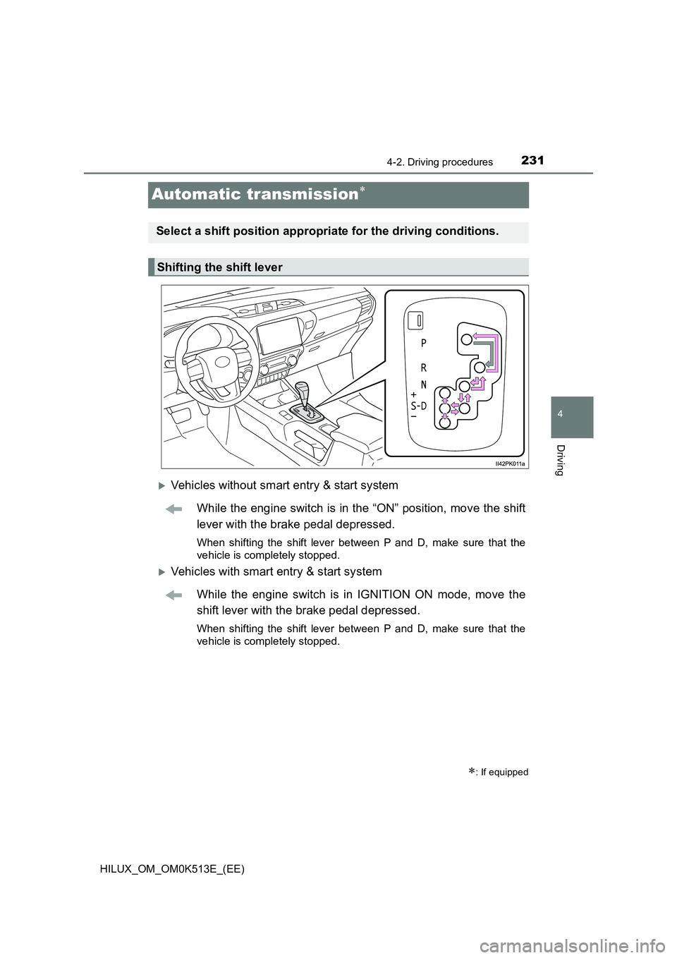 TOYOTA HILUX 2021   (in English) Owners Guide 231
4
4-2. Driving procedures
Driving
HILUX_OM_OM0K513E_(EE)
Automatic transmission
Vehicles without smart entry & start system 
While the engine switch is in the “ON” position, move the shi
