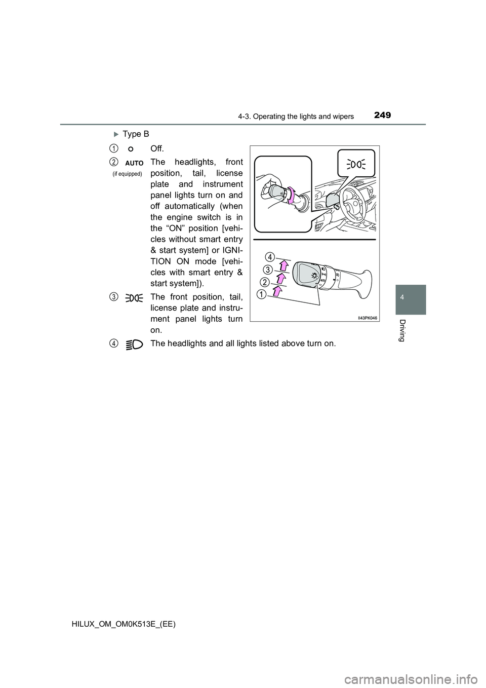 TOYOTA HILUX 2021  Owners Manual (in English) 2494-3. Operating the lights and wipers
4
Driving
HILUX_OM_OM0K513E_(EE)
Ty pe  B 
Off. 
The headlights, front 
position, tail, license 
plate and instrument 
panel lights turn on and 
off automati