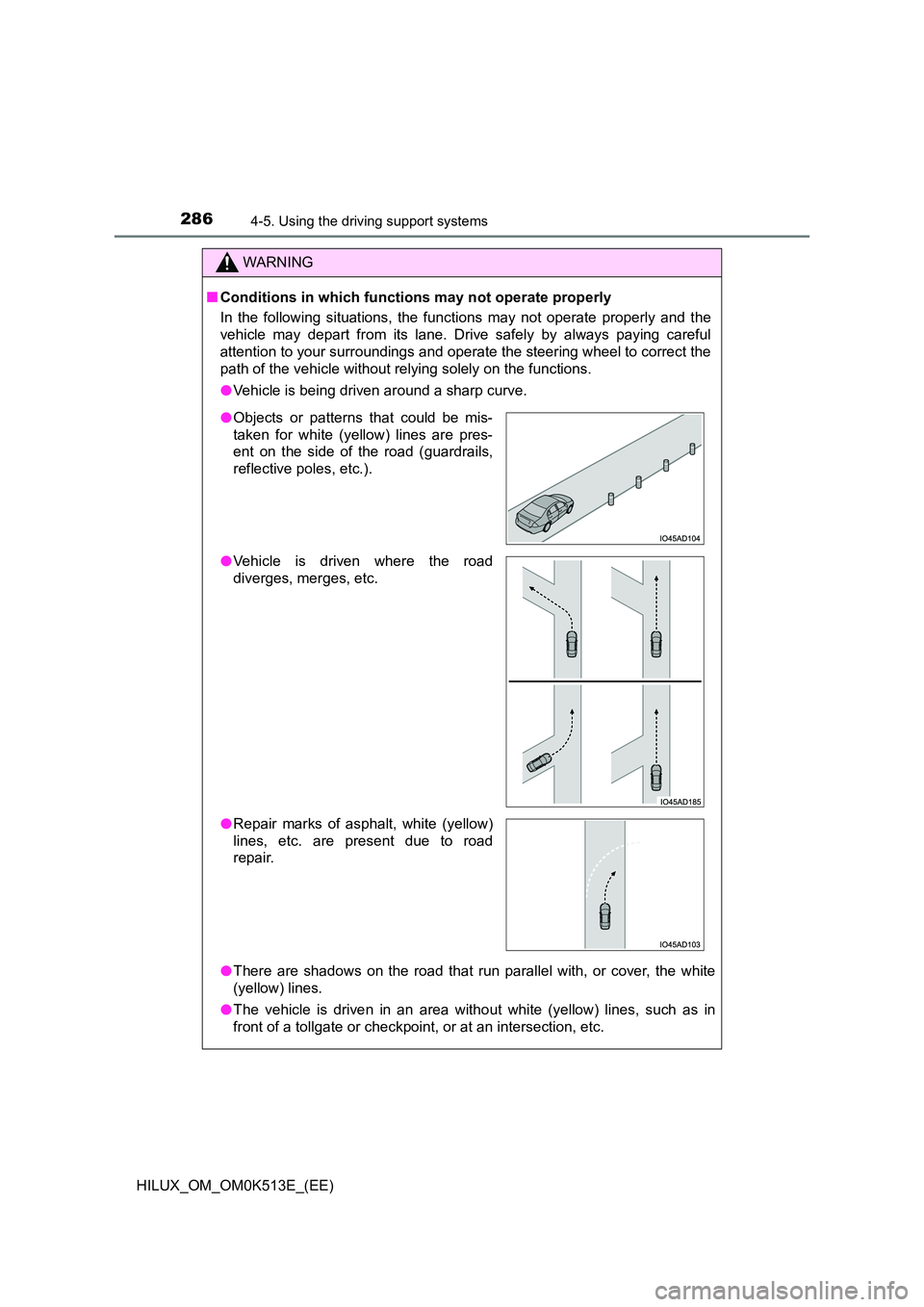 TOYOTA HILUX 2021  Owners Manual (in English) 2864-5. Using the driving support systems
HILUX_OM_OM0K513E_(EE)
WARNING
�QConditions in which functions may not operate properly 
In the following situations, the functions may not operate properly a