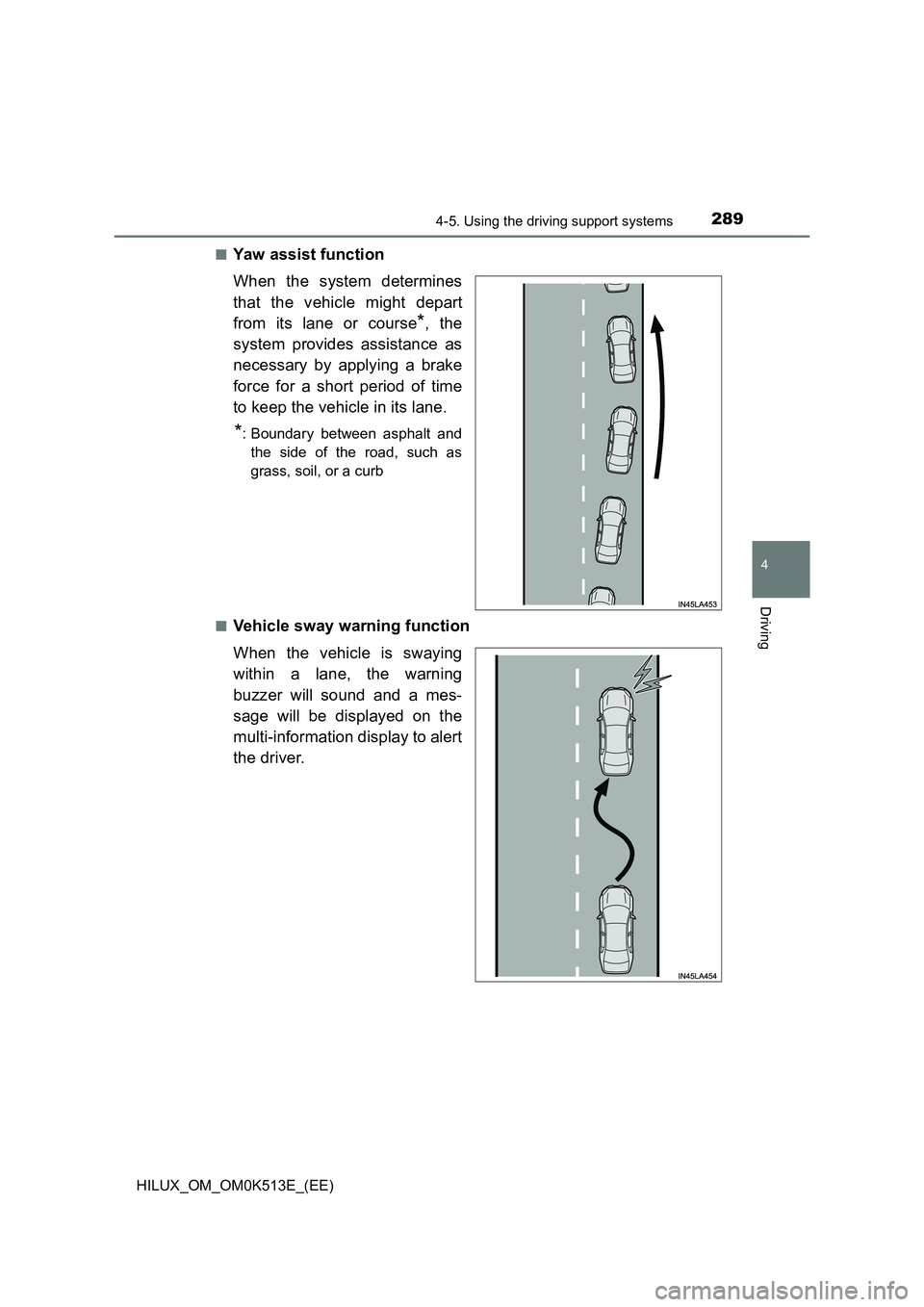 TOYOTA HILUX 2021  Owners Manual (in English) 2894-5. Using the driving support systems
4
Driving
HILUX_OM_OM0K513E_(EE) 
�QYaw assist function 
When the system determines 
that the vehicle might depart 
from its lane or course*, the 
system prov