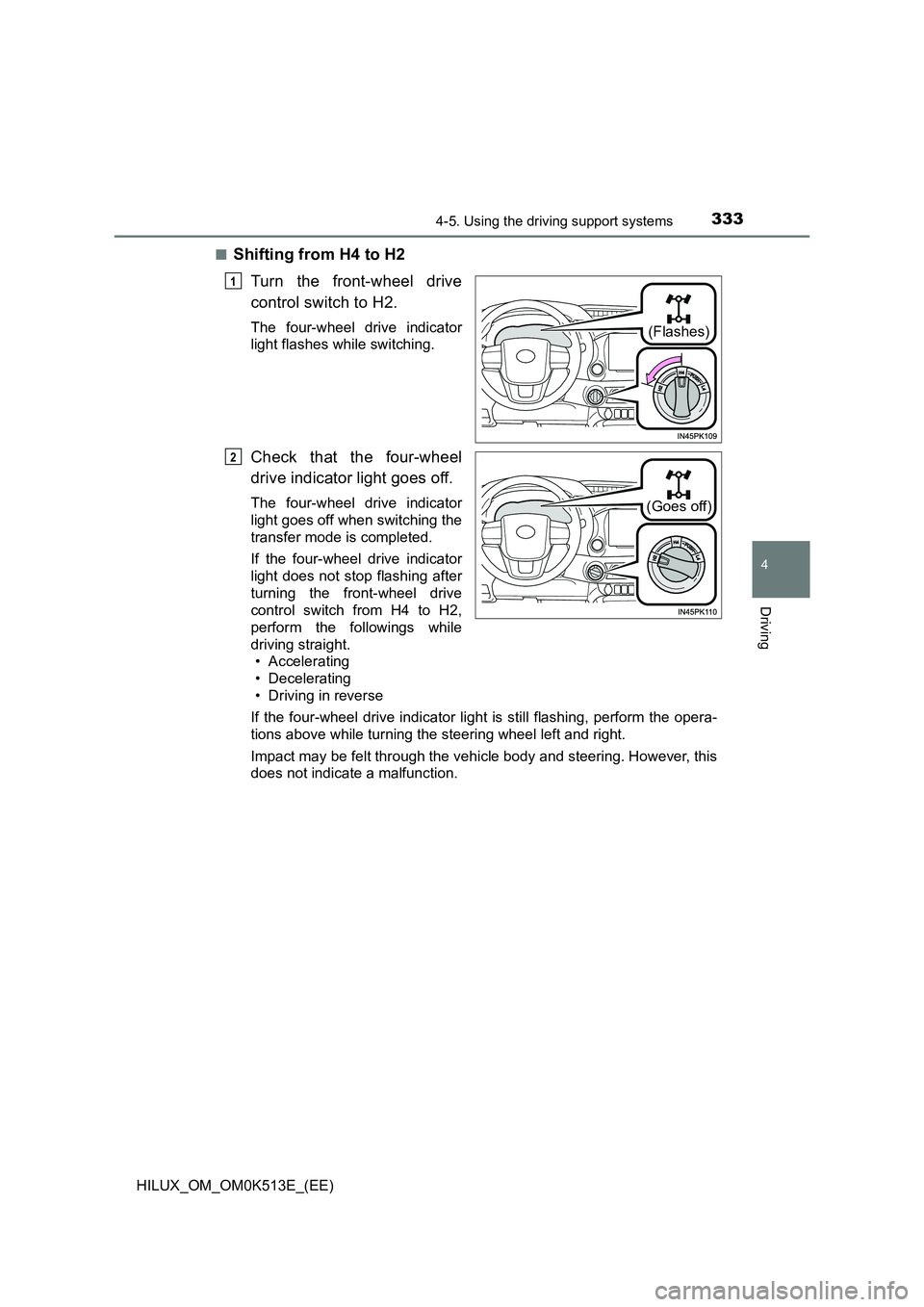 TOYOTA HILUX 2021  Owners Manual (in English) 3334-5. Using the driving support systems
4
Driving
HILUX_OM_OM0K513E_(EE) 
�QShifting from H4 to H2 
Turn the front-wheel drive 
control switch to H2.
The four-wheel drive indicator 
light flashes wh