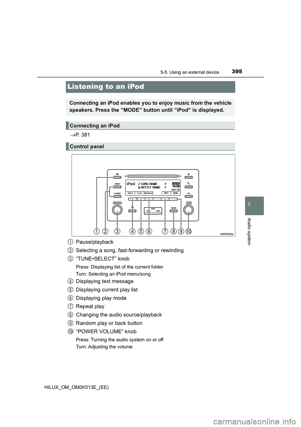 TOYOTA HILUX 2021  Owners Manual (in English) 395
5
5-5. Using an external device
Audio system
HILUX_OM_OM0K513E_(EE)
Listening to an iPod
P.  3 8 1 
Pause/playback 
Selecting a song, fast-forwarding or rewinding 
“TUNE•SELECT” knob
Pres