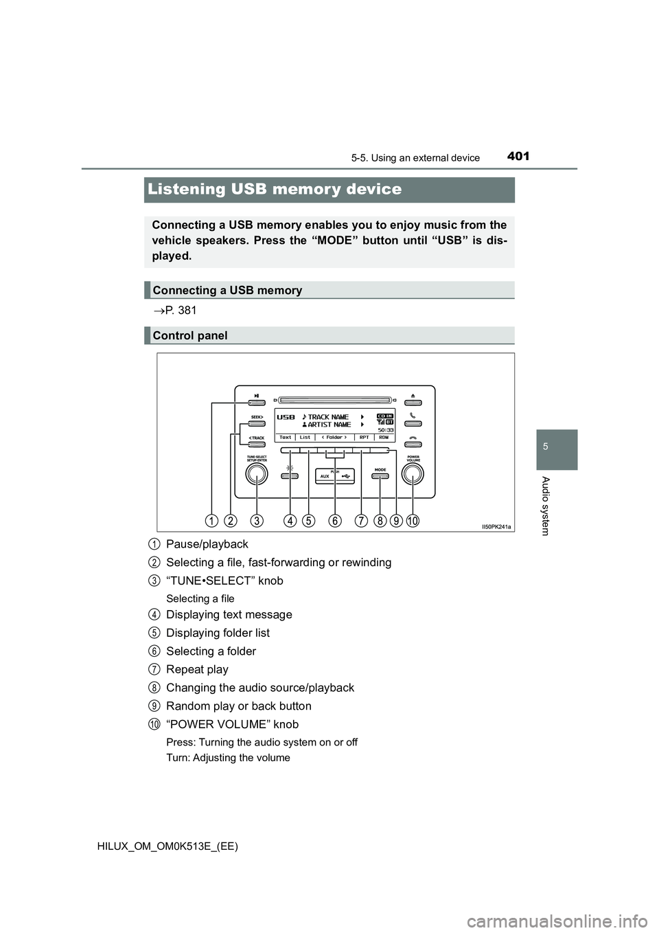 TOYOTA HILUX 2021  Owners Manual (in English) 401
5
5-5. Using an external device
Audio system
HILUX_OM_OM0K513E_(EE)
Listening USB memor y device
P.  3 8 1 
Pause/playback 
Selecting a file, fast-forwarding or rewinding
“TUNE•SELECT” kn