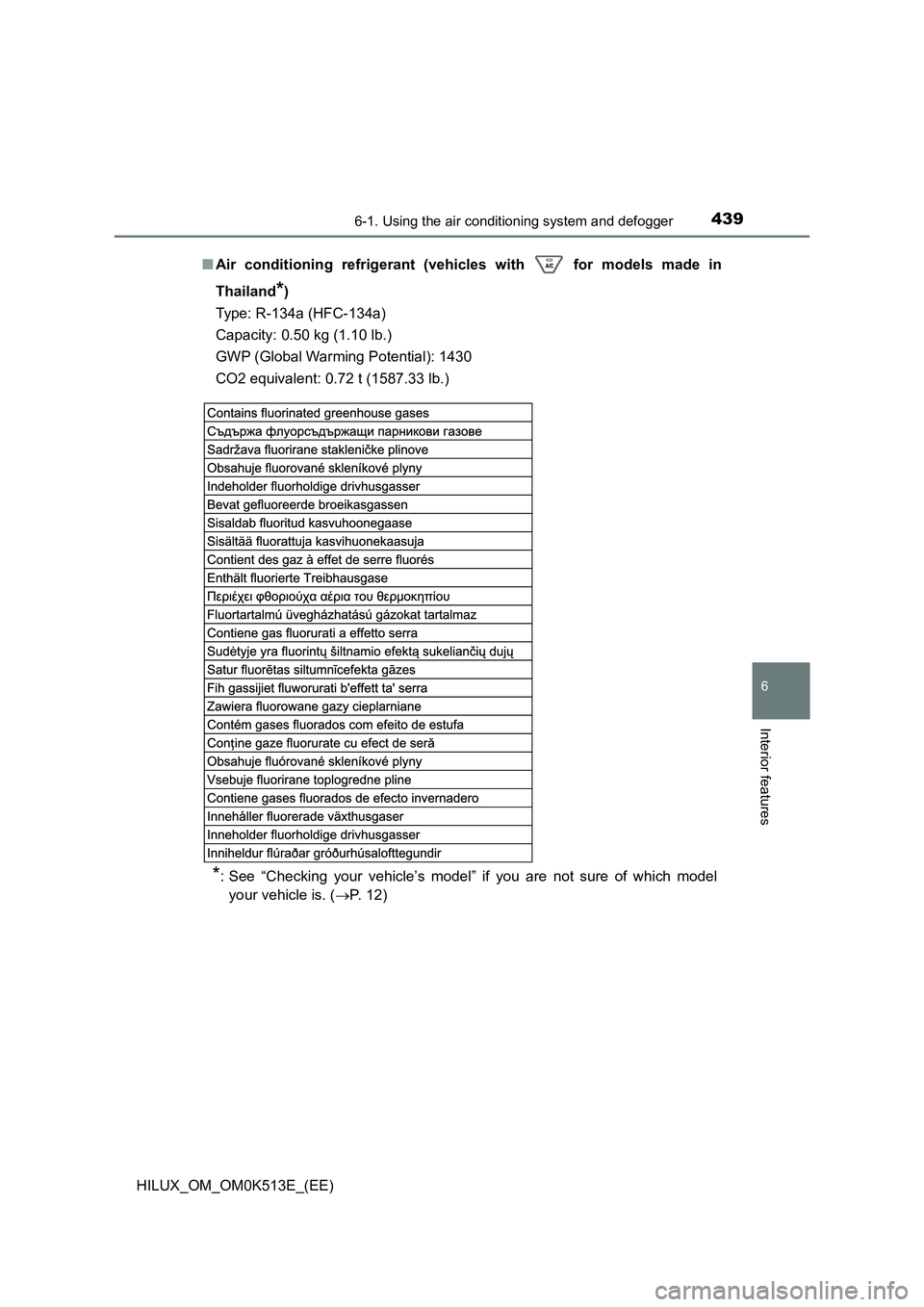 TOYOTA HILUX 2021  Owners Manual (in English) 4396-1. Using the air conditioning system and defogger
6
Interior features
HILUX_OM_OM0K513E_(EE) 
�Q Air conditioning refrigerant (vehicles with   for models made in 
Thailand*) 
Type: R-134a (HFC-13