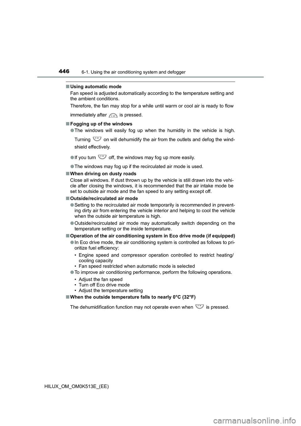 TOYOTA HILUX 2021   (in English) Owners Guide 4466-1. Using the air conditioning system and defogger
HILUX_OM_OM0K513E_(EE)
�QUsing automatic mode 
Fan speed is adjusted automatically according to the temperature setting and 
the ambient conditio