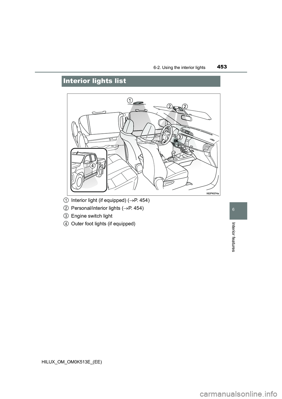 TOYOTA HILUX 2021  Owners Manual (in English) 4536-2. Using the interior lights
HILUX_OM_OM0K513E_(EE)
6
Interior features
Interior lights list
Interior light (if equipped) (P. 454) 
Personal/interior lights ( P. 454) 
Engine switch light 
