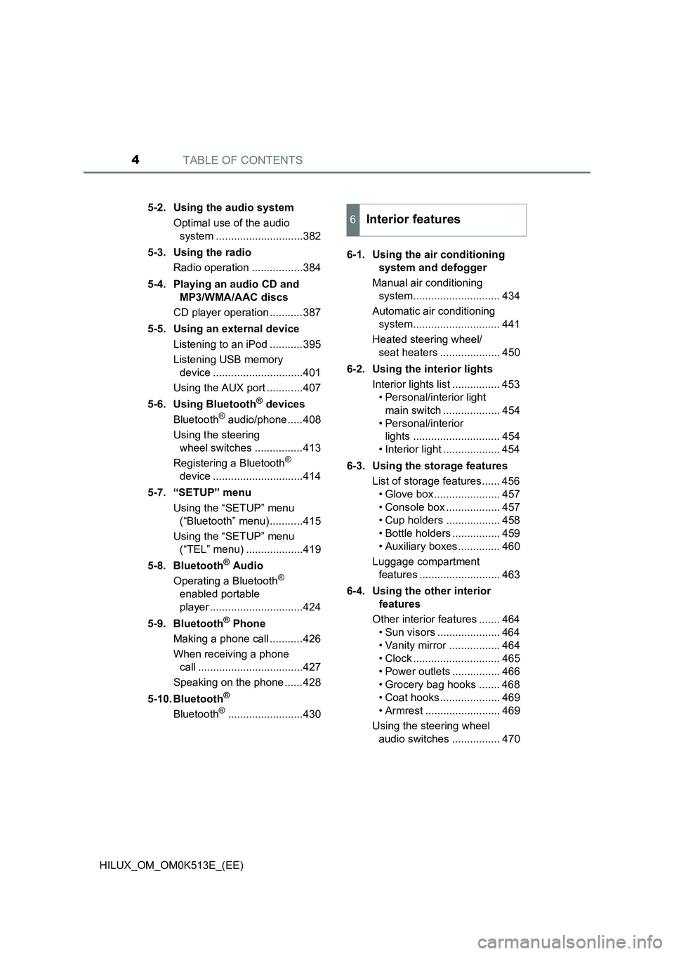 TOYOTA HILUX 2021  Owners Manual (in English) TABLE OF CONTENTS4
HILUX_OM_OM0K513E_(EE) 
5-2. Using the audio system 
Optimal use of the audio  
system .............................382 
5-3. Using the radio 
Radio operation .................384 
