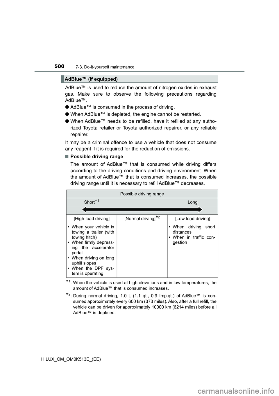 TOYOTA HILUX 2021 Owners Manual (in English) 5007-3. Do-it-yourself maintenance
HILUX_OM_OM0K513E_(EE)
AdBlue™ is used to reduce the amount of nitrogen oxides in exhaust
gas. Make sure to observe the following precautions regarding
AdBlue™ TOYOTA HILUX 2021 Owners Manual (in English) 5007-3. Do-it-yourself maintenance
HILUX_OM_OM0K513E_(EE)
AdBlue™ is used to reduce the amount of nitrogen oxides in exhaust
gas. Make sure to observe the following precautions regarding
AdBlue™