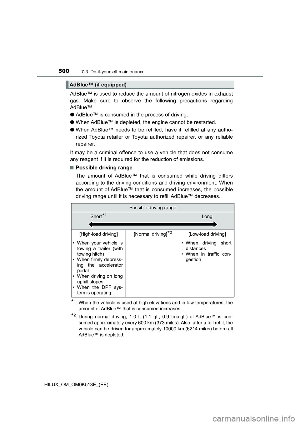 TOYOTA HILUX 2021  Owners Manual (in English) 5007-3. Do-it-yourself maintenance
HILUX_OM_OM0K513E_(EE)
AdBlue™ is used to reduce the amount of nitrogen oxides in exhaust 
gas. Make sure to observe the following precautions regarding 
AdBlue™