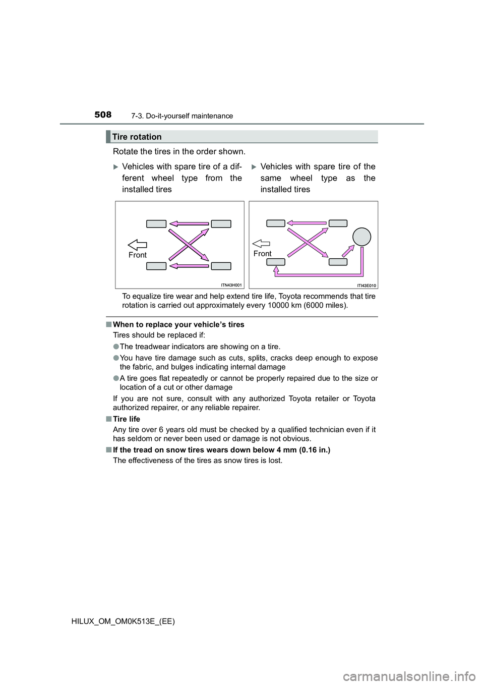 TOYOTA HILUX 2021  Owners Manual (in English) 5087-3. Do-it-yourself maintenance
HILUX_OM_OM0K513E_(EE)
Rotate the tires in the order shown.
To equalize tire wear and help extend tire life, Toyota recommends that tire 
rotation is carried out app