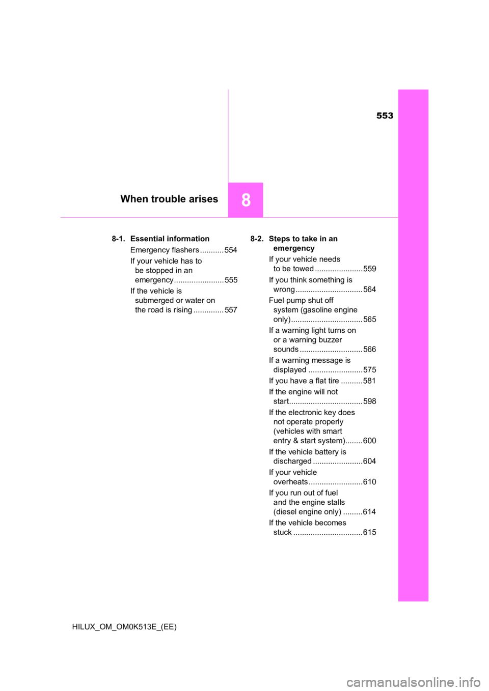 TOYOTA HILUX 2021  Owners Manual (in English) 553
8When trouble arises
HILUX_OM_OM0K513E_(EE) 
8-1. Essential information 
Emergency flashers ........... 554 
If your vehicle has to  
be stopped in an 
emergency ....................... 555 
If th