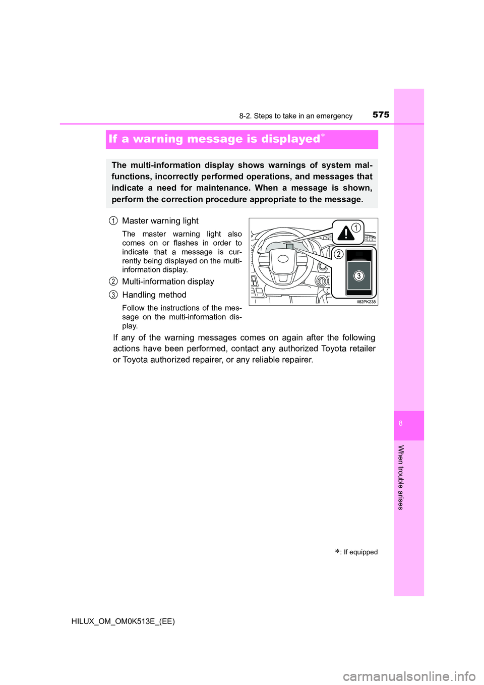 TOYOTA HILUX 2021  Owners Manual (in English) 5758-2. Steps to take in an emergency
HILUX_OM_OM0K513E_(EE)
8
When trouble arises
If  a war ning message is displayed
Master warning light
The master warning light also 
comes on or flashes in ord