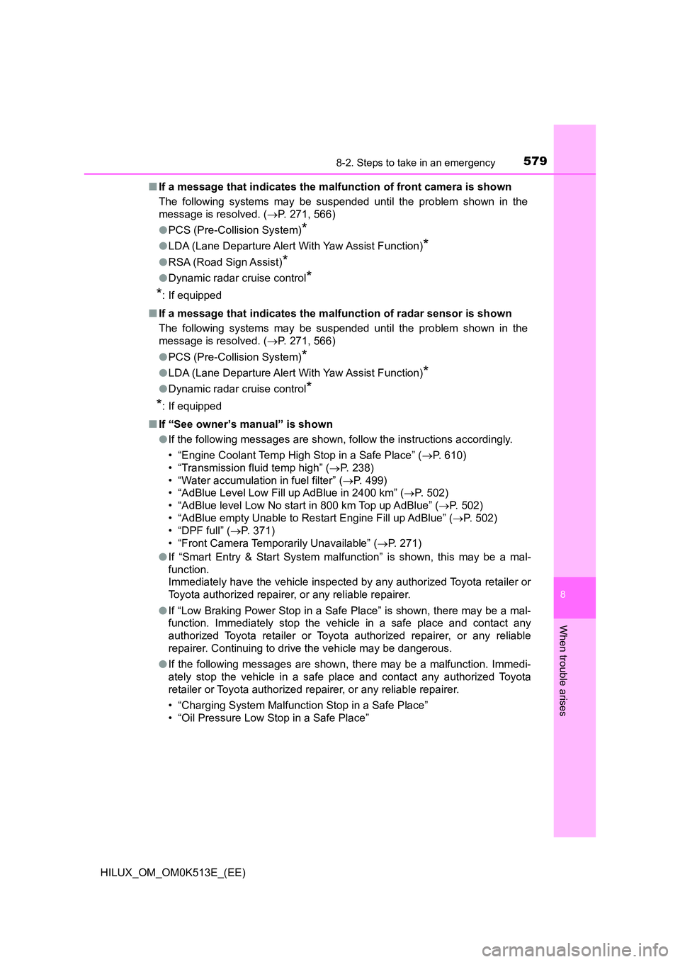 TOYOTA HILUX 2021  Owners Manual (in English) 5798-2. Steps to take in an emergency
HILUX_OM_OM0K513E_(EE)
8
When trouble arises
�QIf a message that indicates the malfunction of front camera is shown 
The following systems may be suspended until 