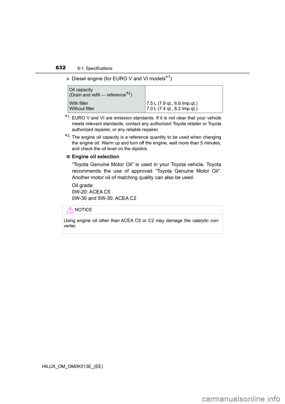 TOYOTA HILUX 2021  Owners Manual (in English) 6329-1. Specifications
HILUX_OM_OM0K513E_(EE)
Diesel engine (for EURO V and VI models*1)
*1: EURO V and VI are emission standards. If it is not clear that your vehicle 
meets relevant standards, co
