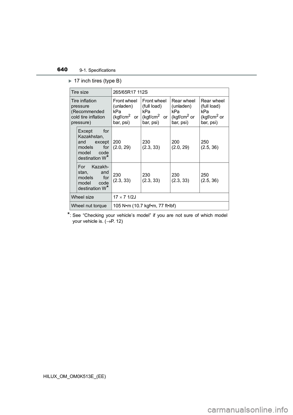 TOYOTA HILUX 2021  Owners Manual (in English) 6409-1. Specifications
HILUX_OM_OM0K513E_(EE)
17 inch tires (type B)
*: See “Checking your vehicle’s model” if you are not sure of which model 
your vehicle is. ( P. 12)
Tire size265/65R17