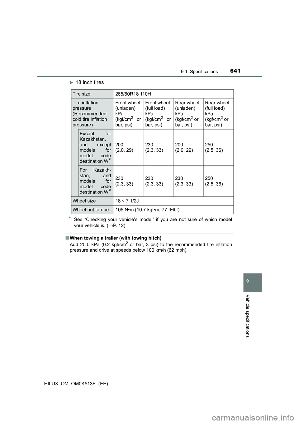 TOYOTA HILUX 2021  Owners Manual (in English) 641
9
9-1. Specifications
Vehicle specifications
HILUX_OM_OM0K513E_(EE)
18 inch tires
*: See “Checking your vehicle’s model” if you are not sure of which model 
your vehicle is. ( P. 12)
�