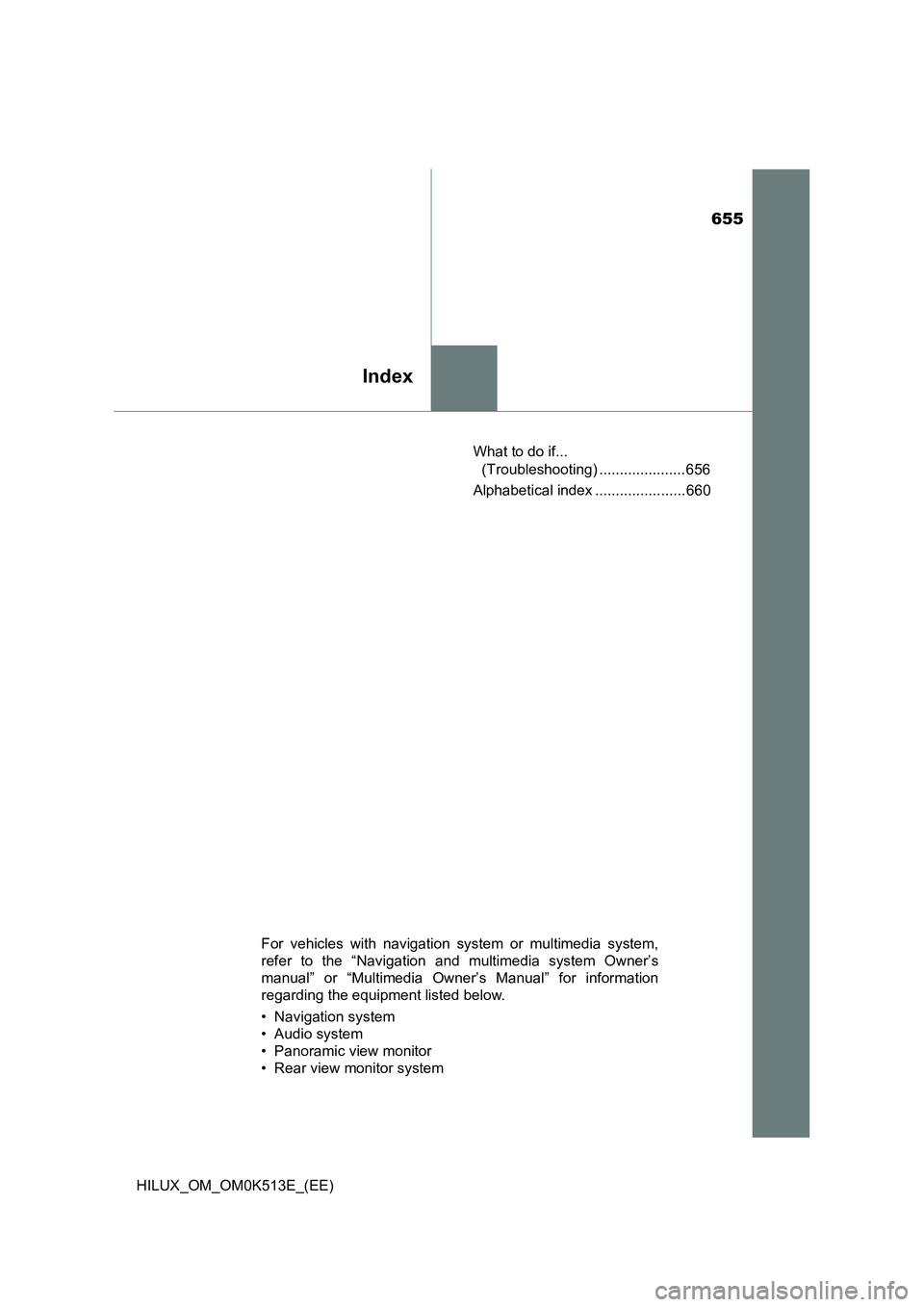 TOYOTA HILUX 2021  Owners Manual (in English) 655
Index
HILUX_OM_OM0K513E_(EE) 
What to do if...  
(Troubleshooting) ..................... 656 
Alphabetical index ...................... 660
For vehicles with navigation system or multimedia system