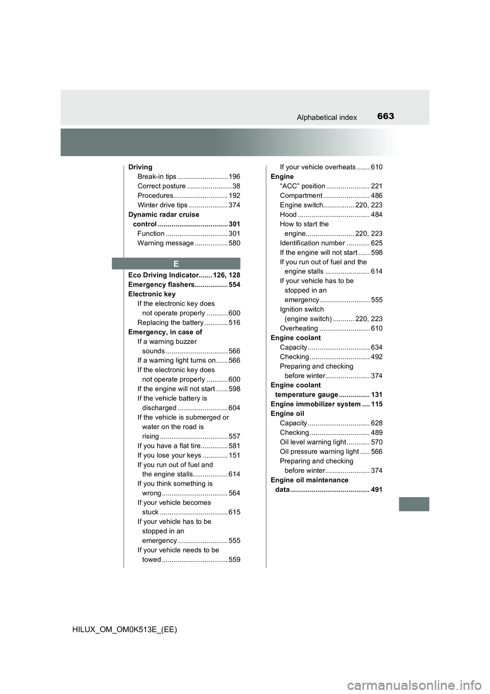 TOYOTA HILUX 2021   (in English) Manual PDF 663Alphabetical index
HILUX_OM_OM0K513E_(EE)
Driving 
Break-in tips .......................... 196
Correct posture ....................... 38
Procedures............................ 192 
Winter drive t