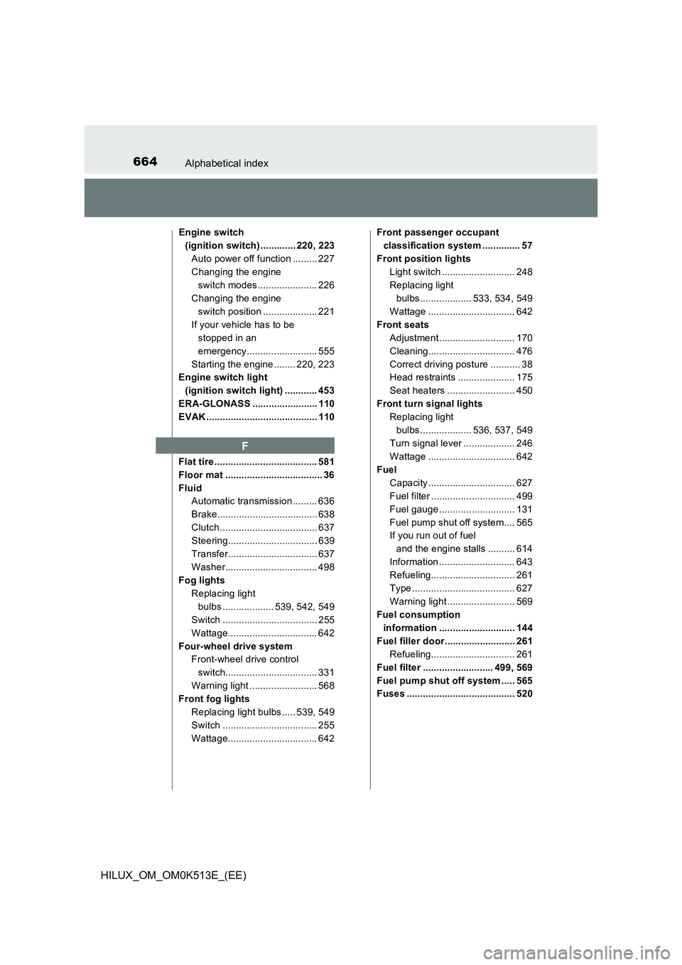 TOYOTA HILUX 2021  Owners Manual (in English) 664Alphabetical index
HILUX_OM_OM0K513E_(EE)
Engine switch  
(ignition switch) ............. 220, 223
Auto power off function ......... 227
Changing the engine  
switch modes...................... 226