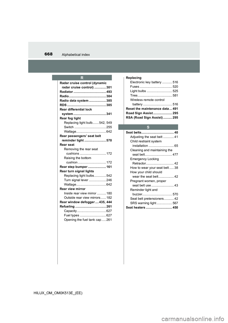 TOYOTA HILUX 2021   (in English) User Guide 668Alphabetical index
HILUX_OM_OM0K513E_(EE)
Radar cruise control (dynamic  
radar cruise control) ............. 301 
Radiator .................................... 493
Radio ..........................