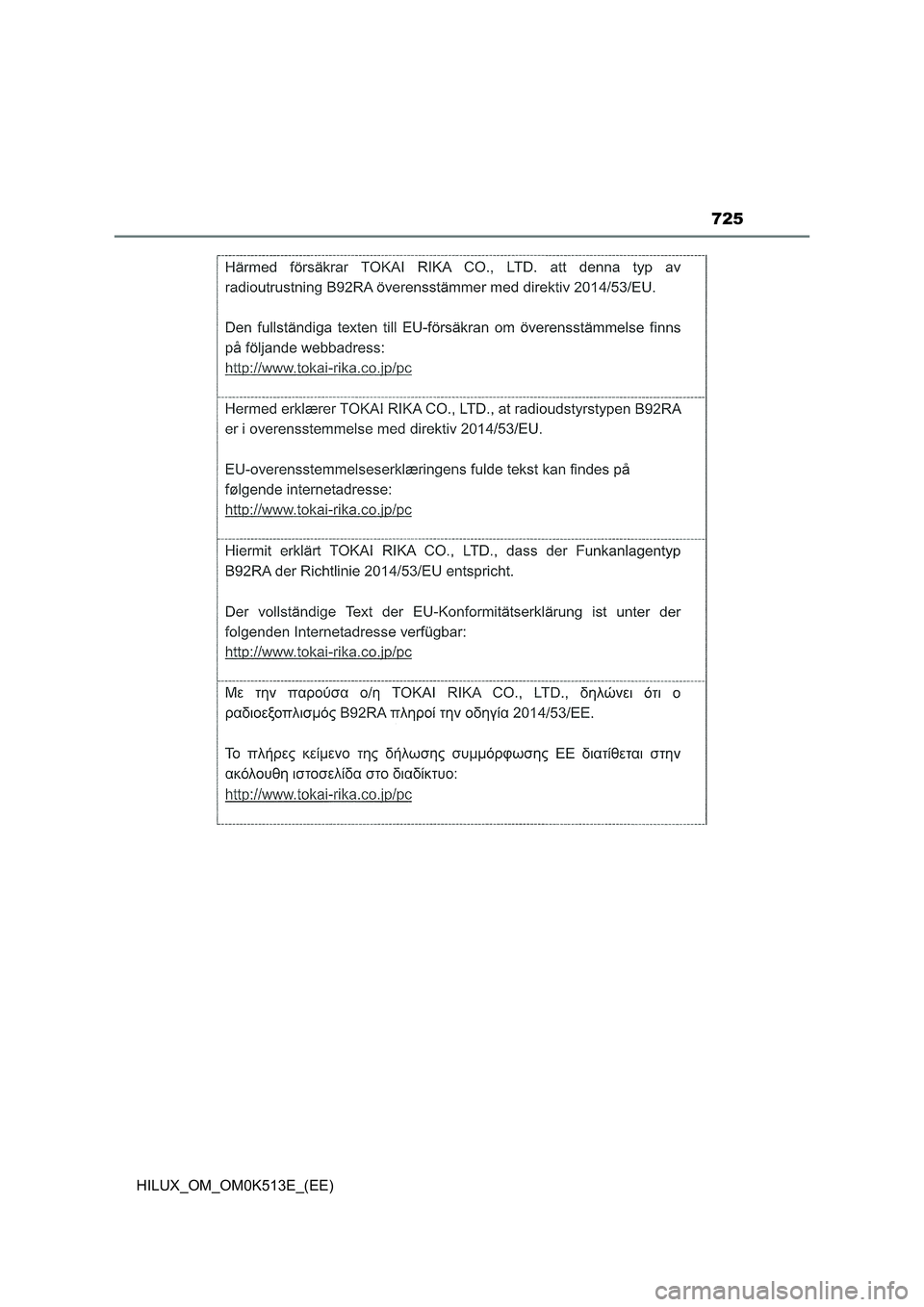 TOYOTA HILUX 2021 Owners Manual (in English) 725
HILUX_OM_OM0K513E_(EE) TOYOTA HILUX 2021 Owners Manual (in English) 725
HILUX_OM_OM0K513E_(EE)