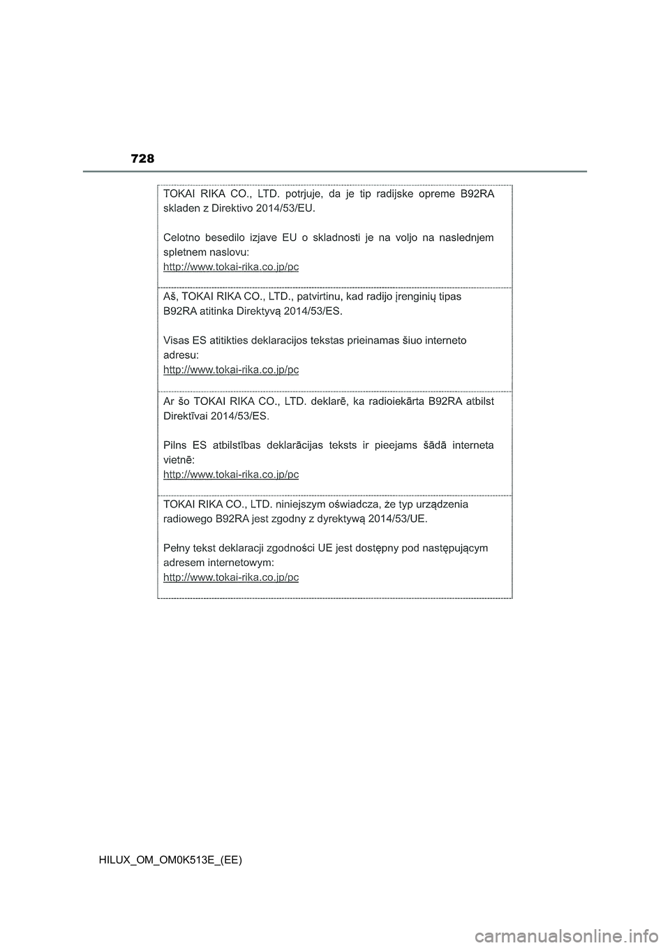 TOYOTA HILUX 2021 Owners Manual (in English) 728
HILUX_OM_OM0K513E_(EE) TOYOTA HILUX 2021 Owners Manual (in English) 728
HILUX_OM_OM0K513E_(EE)
