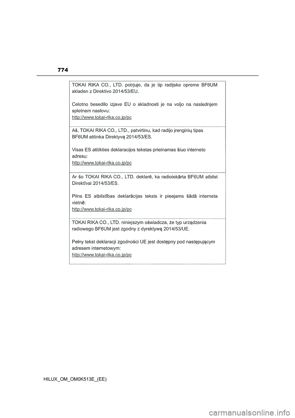 TOYOTA HILUX 2021 Owners Manual (in English) 774
HILUX_OM_OM0K513E_(EE) TOYOTA HILUX 2021 Owners Manual (in English) 774
HILUX_OM_OM0K513E_(EE)