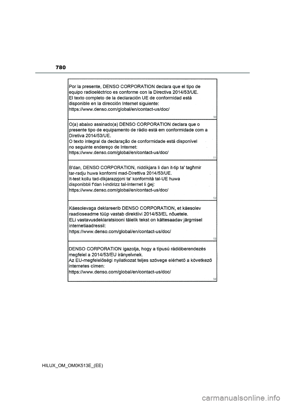 TOYOTA HILUX 2021 Owners Manual (in English) 780
HILUX_OM_OM0K513E_(EE) TOYOTA HILUX 2021 Owners Manual (in English) 780
HILUX_OM_OM0K513E_(EE)