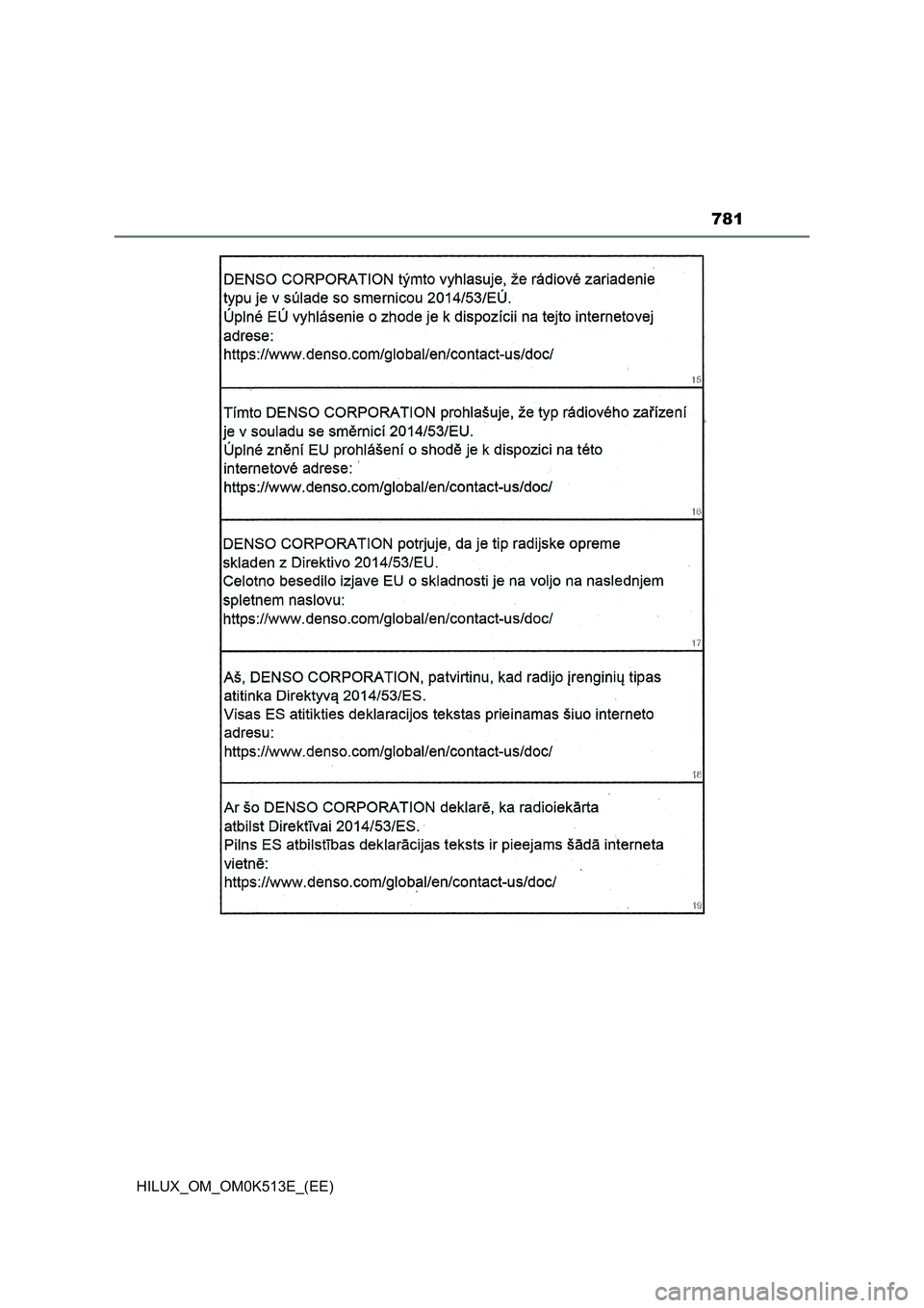 TOYOTA HILUX 2021 Owners Manual (in English) 781
HILUX_OM_OM0K513E_(EE) TOYOTA HILUX 2021 Owners Manual (in English) 781
HILUX_OM_OM0K513E_(EE)