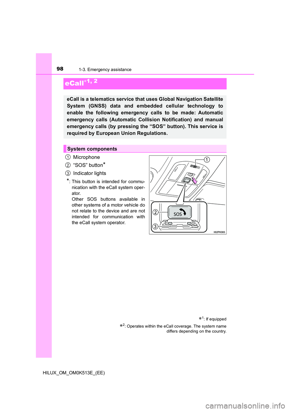 TOYOTA HILUX 2021  Owners Manual (in English) 981-3. Emergency assistance
HILUX_OM_OM0K513E_(EE)
eCall1, 2
Microphone 
“SOS” button*
Indicator lights
*: This button is intended for commu- 
nication with the eCall system oper-
ator.
Other S