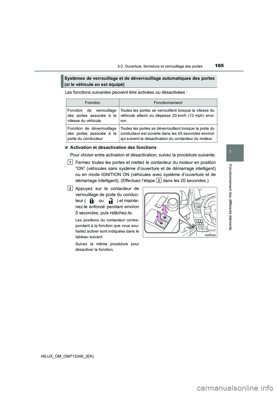 TOYOTA HILUX 2021  Notices Demploi (in French) 1653-2. Ouverture, fermeture et verrouillage des portes
3
Fonctionnement des différents éléments
HILUX_OM_OM71334K_(EK)
Les fonctions suivantes peuvent être activées ou désactivées :
�QActivati