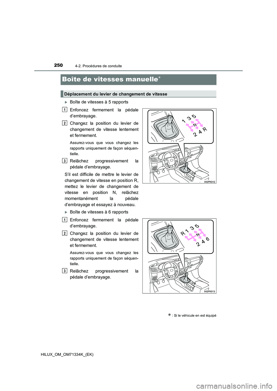 TOYOTA HILUX 2021  Notices Demploi (in French) 2504-2. Procédures de conduite
HILUX_OM_OM71334K_(EK)
Boîte de vitesses manuelle
Boîte de vitesses à 5 rapports
Enfoncez fermement la pédale
d’embrayage.
Changez la position du levier de
