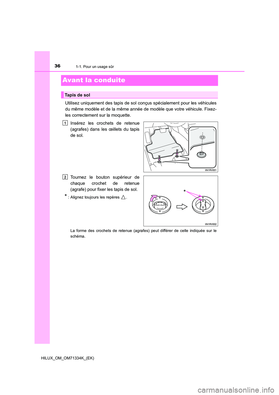 TOYOTA HILUX 2021  Notices Demploi (in French) 361-1. Pour un usage sûr
HILUX_OM_OM71334K_(EK)
Avant la conduite
Utilisez uniquement des tapis de sol conçus spécialement pour les véhicules 
du même modèle et de la même année de modèle que