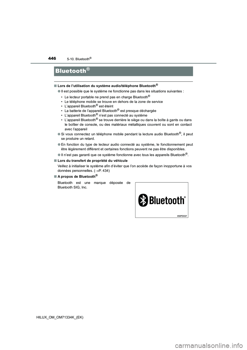 TOYOTA HILUX 2021  Notices Demploi (in French) 4465-10. Bluetooth®
HILUX_OM_OM71334K_(EK)
Bluetooth®
�QLors de l’utilisation du système audio/téléphone Bluetooth®
�OIl est possible que le système ne fonctionne pas dans les situations suiv