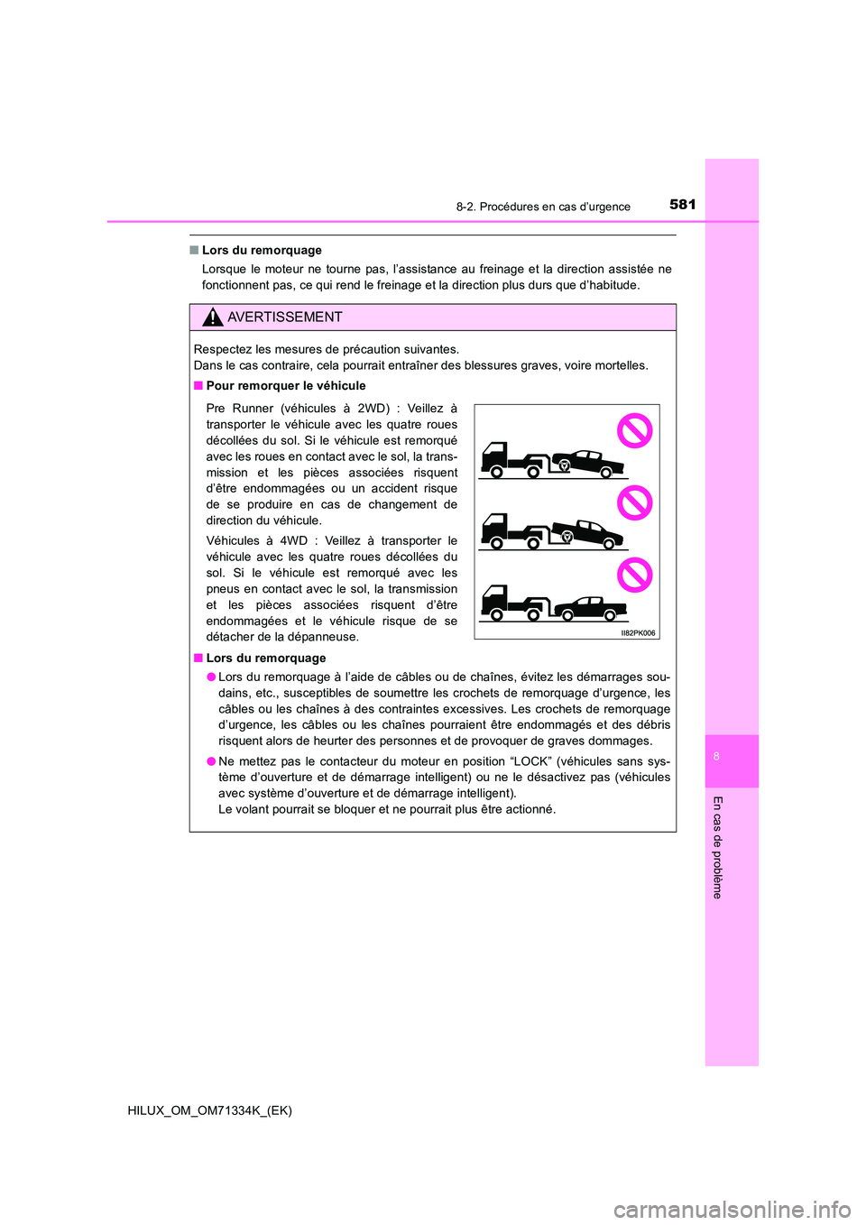 TOYOTA HILUX 2021  Notices Demploi (in French) 5818-2. Procédures en cas d’urgence
HILUX_OM_OM71334K_(EK)
8
En cas de problème
�QLors du remorquage 
Lorsque le moteur ne tourne pas, l’assistance au freinage et la direction assistée ne 
fonc