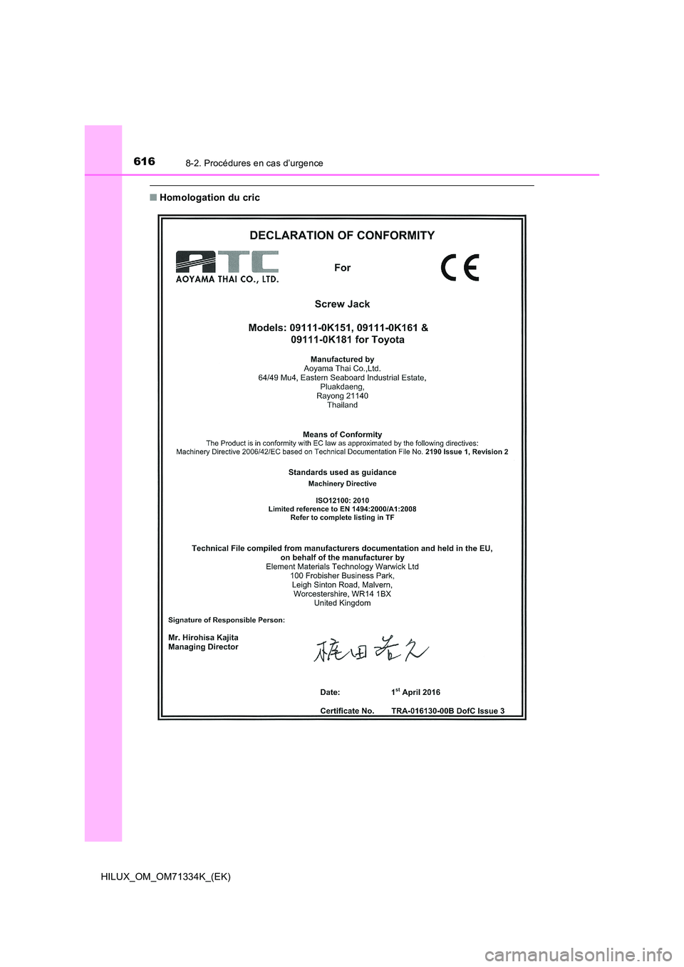 TOYOTA HILUX 2021  Notices Demploi (in French) 6168-2. Procédures en cas d’urgence
HILUX_OM_OM71334K_(EK)
�QHomologation du cric 