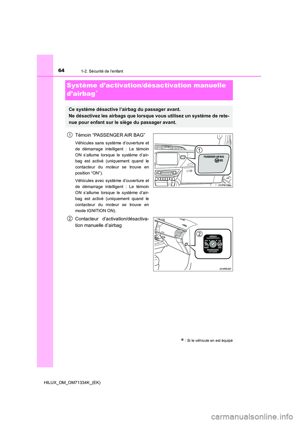 TOYOTA HILUX 2021  Notices Demploi (in French) 641-2. Sécurité de l’enfant
HILUX_OM_OM71334K_(EK)
Système d’activation/désactivation manuelle  
d’airbag
Témoin “PASSENGER AIR BAG”
Véhicules sans système d’ouverture et 
de dé