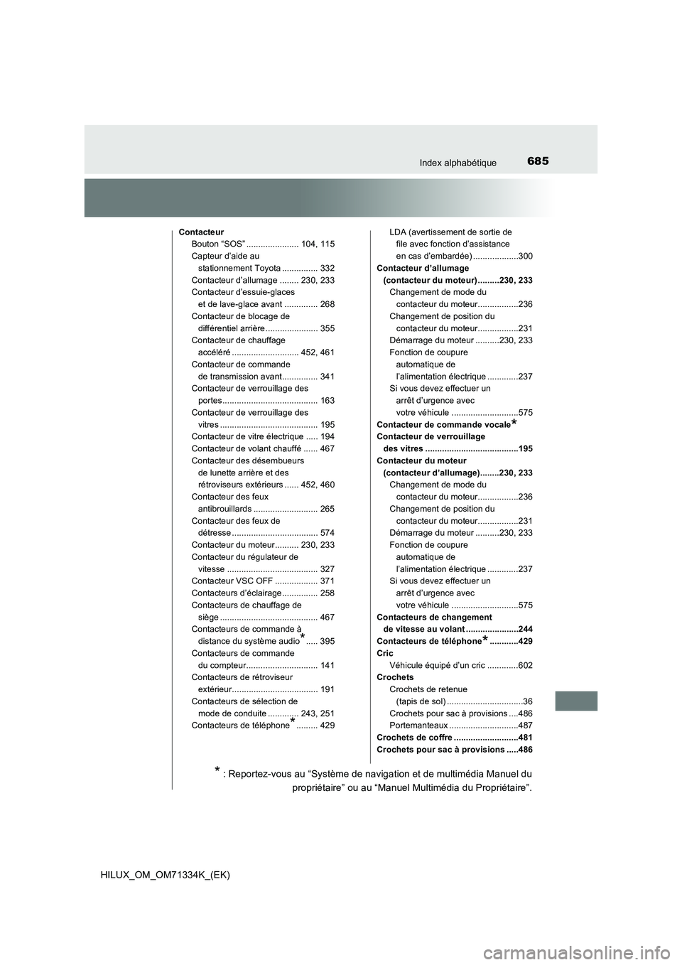 TOYOTA HILUX 2021  Notices Demploi (in French) 685Index alphabétique
HILUX_OM_OM71334K_(EK)
Contacteur
Bouton “SOS” ...................... 104, 115
Capteur d’aide au 
stationnement Toyota ............... 332
Contacteur d’allumage ........
