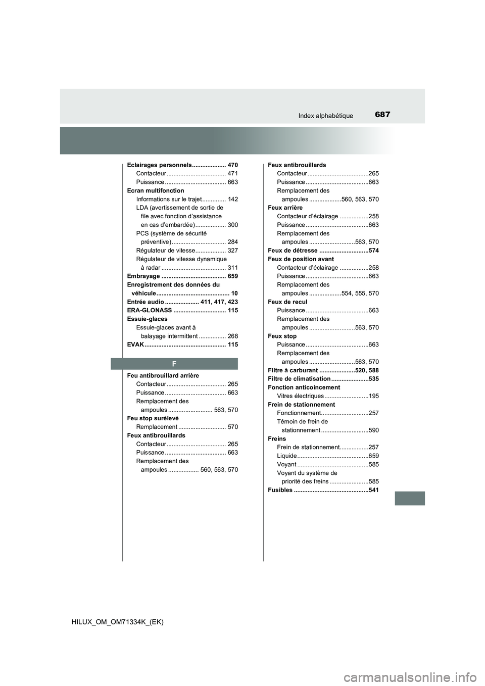 TOYOTA HILUX 2021  Notices Demploi (in French) 687Index alphabétique
HILUX_OM_OM71334K_(EK)
Eclairages personnels.................... 470
Contacteur ................................... 471
Puissance .................................... 663
Ecran 