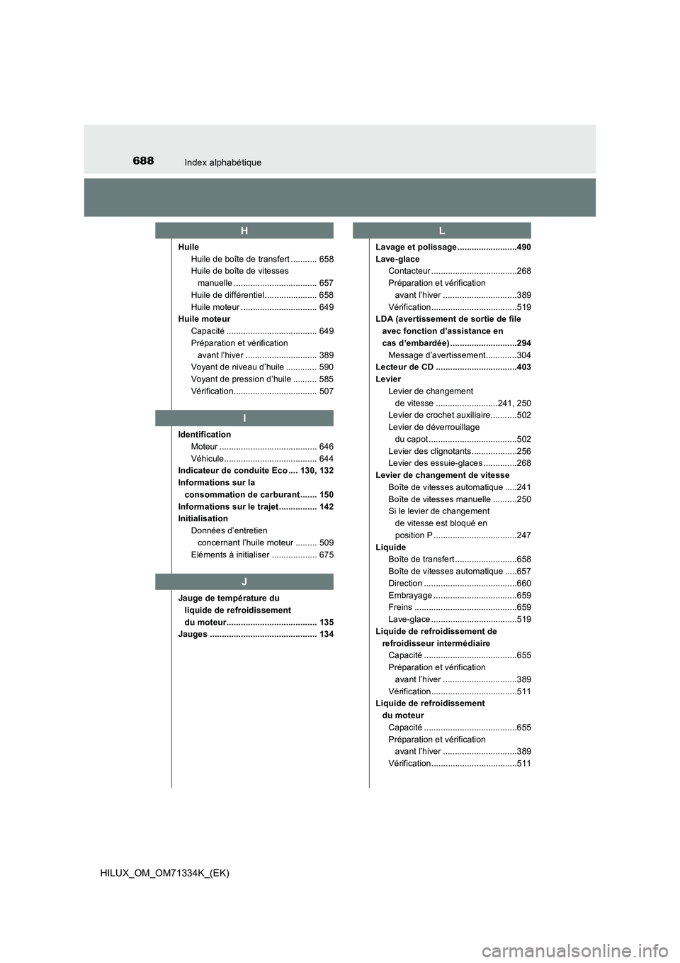 TOYOTA HILUX 2021  Notices Demploi (in French) 688Index alphabétique
HILUX_OM_OM71334K_(EK)
Huile
Huile de boîte de transfert ........... 658
Huile de boîte de vitesses 
manuelle ................................... 657
Huile de différentiel...
