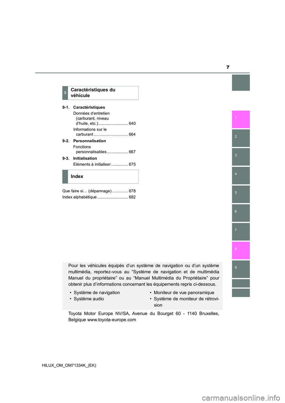 TOYOTA HILUX 2021  Notices Demploi (in French) 7
1 
9 
8 
6 
5
4
3
2
HILUX_OM_OM71334K_(EK)
7
9-1. Caractéristiques 
Données d’entretien  
(carburant, niveau  
d’huile, etc.) .......................... 640 
Informations sur le  
carburant ..