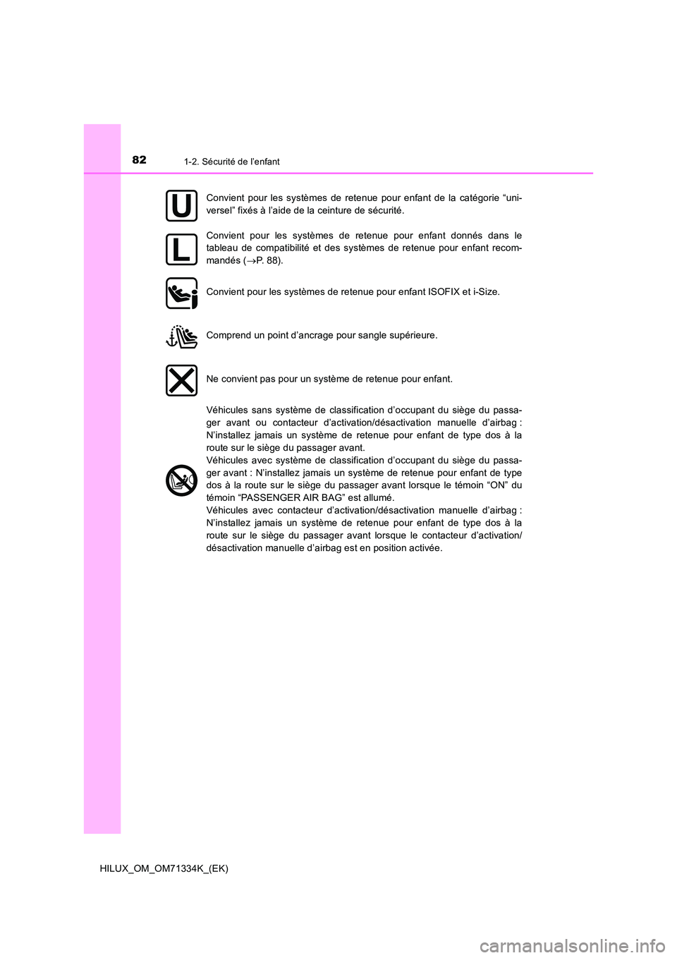 TOYOTA HILUX 2021  Notices Demploi (in French) 821-2. Sécurité de l’enfant
HILUX_OM_OM71334K_(EK) 
Convient pour les systèmes de retenue pour enfant de la catégorie “uni- 
versel” fixés à l’aide de la ceinture de sécurité.
Convient
