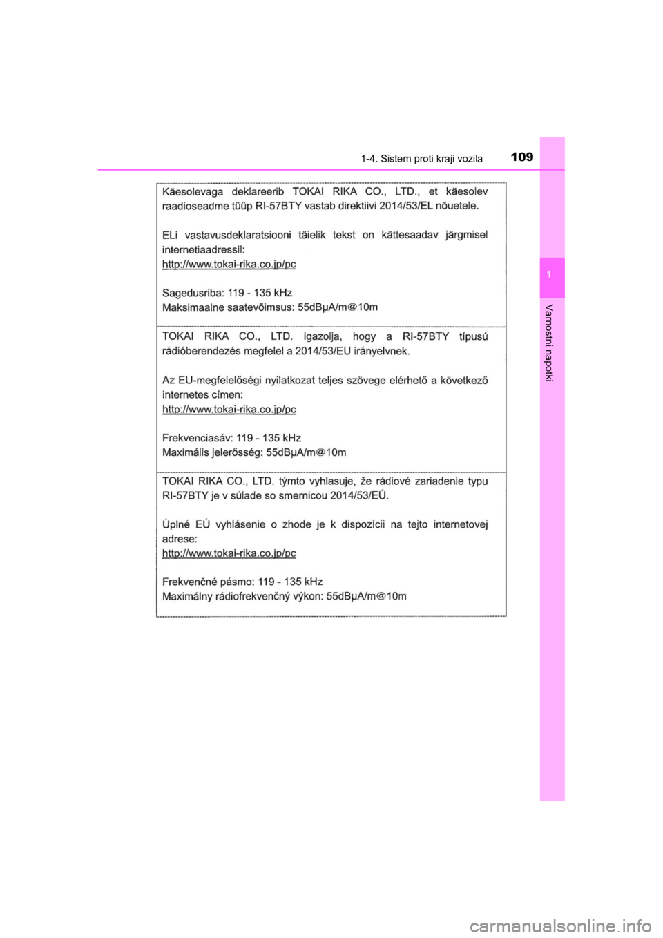 TOYOTA HILUX 2021  Navodila Za Uporabo (in Slovenian) 1091-4. Sistem proti kraji vozila
1
HILUX_OM_OM0K641E_(EE)
Varnostni napotki
HILUX_OM_OM0K641E_(EE).book  Page 109  Thursday, April 8, 2021  5:29 PM 
