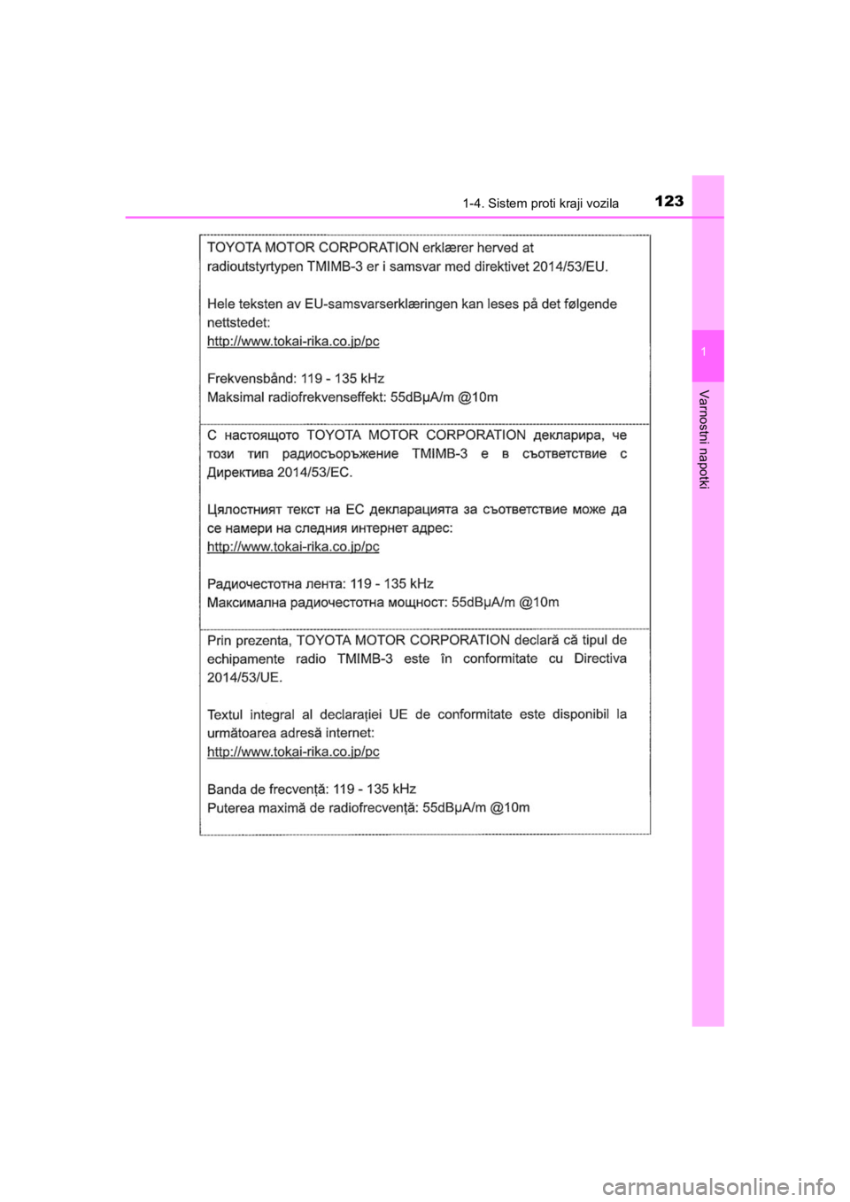 TOYOTA HILUX 2021  Navodila Za Uporabo (in Slovenian) 1231-4. Sistem proti kraji vozila
1
HILUX_OM_OM0K641E_(EE)
Varnostni napotki
HILUX_OM_OM0K641E_(EE).book  Page 123  Thursday, April 8, 2021  5:29 PM 