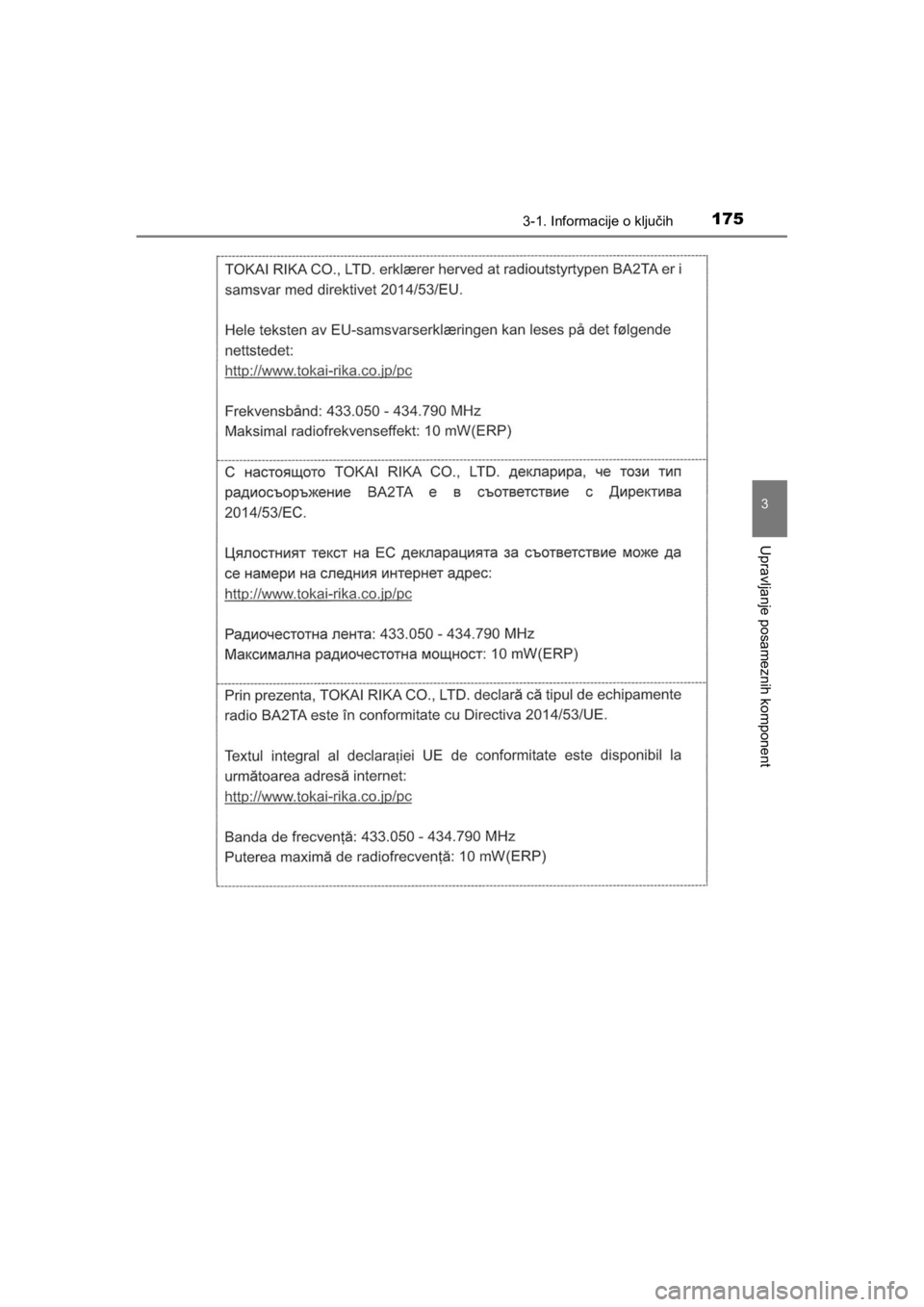 TOYOTA HILUX 2021  Navodila Za Uporabo (in Slovenian) 1753-1. Informacije o ključih
3
Upravljanje posameznih komponent
HILUX_OM_OM0K641E_(EE)
HILUX_OM_OM0K641E_(EE).book  Page 175  Thursday, April 8, 2021  5:29 PM 