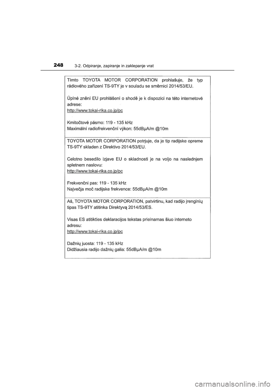TOYOTA HILUX 2021  Navodila Za Uporabo (in Slovenian) 2483-2. Odpiranje, zapiranje in zaklepanje vrat
HILUX_OM_OM0K641E_(EE)
HILUX_OM_OM0K641E_(EE).book  Page 248  Thursday, April 8, 2021  5:29 PM 